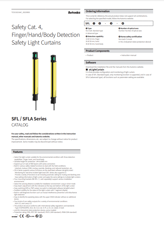 AUTONICS SFL/SFLA CATALOG SFL/SFLA SERIES: SAFETY CAT. 4, FINGER/HAND/BODY DETECTION SAFETY LIGHT CURTAINS